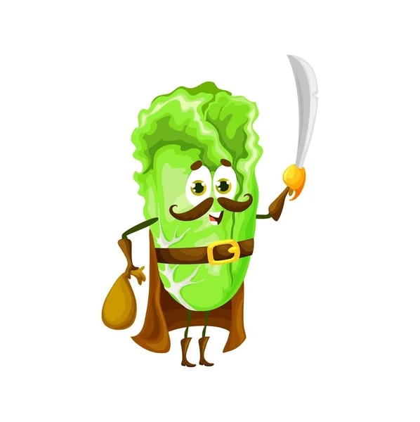 Cartoon Chinese Cabbage Pirate Character Happy Vector Vegetable Corsair Saber — Stockvector