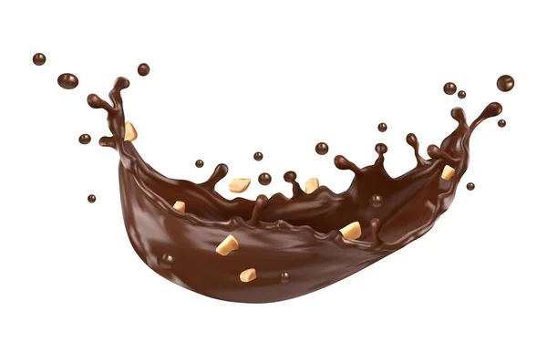 巧克力 可可和咖啡牛奶波涡旋与碎花生 分离的病媒 巧克力饮料或带有坚果的糖浆 巧克力蔓延的液体或甜可可脂波浪花 — 图库矢量图片