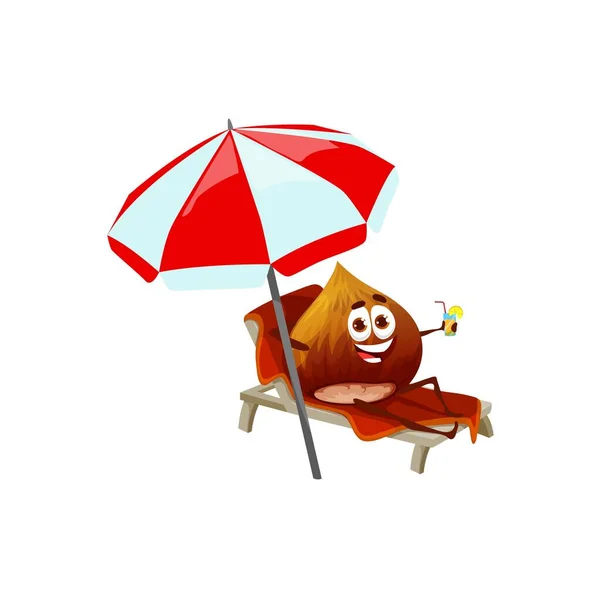 Cartoon Hazelnut Character Beach Lounger Funny Vector Nut Tanning Relax — Stock Vector