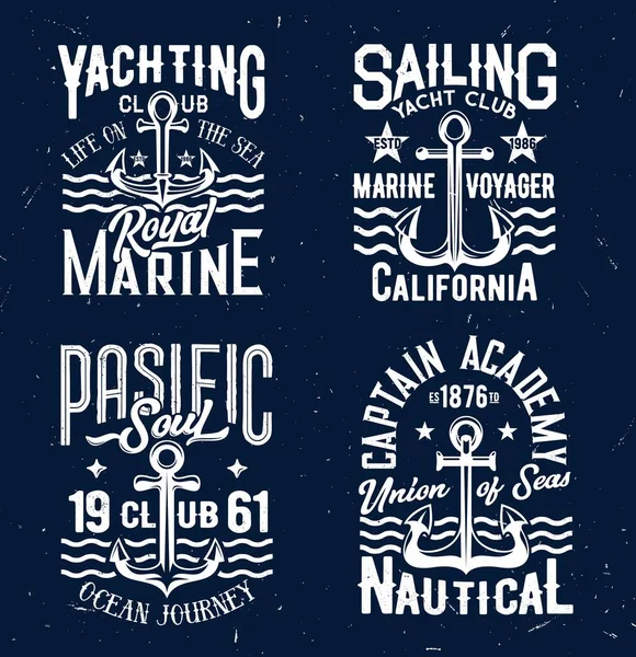 Stampe Maglietta Con Ancore Onde Marine Design Vettoriale Dell Abbigliamento — Vettoriale Stock