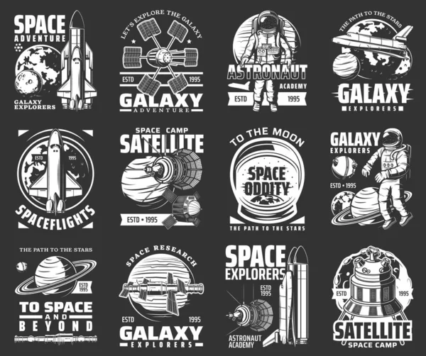 Universe Galaxy Outer Space Astronaut Rockets Spaceship Explorers Vector Icons — Stock vektor