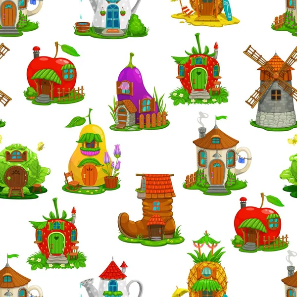 Cartoon Fairytale Houses Dwellings Seamless Pattern Vector Fantasy Background Cherry —  Vetores de Stock