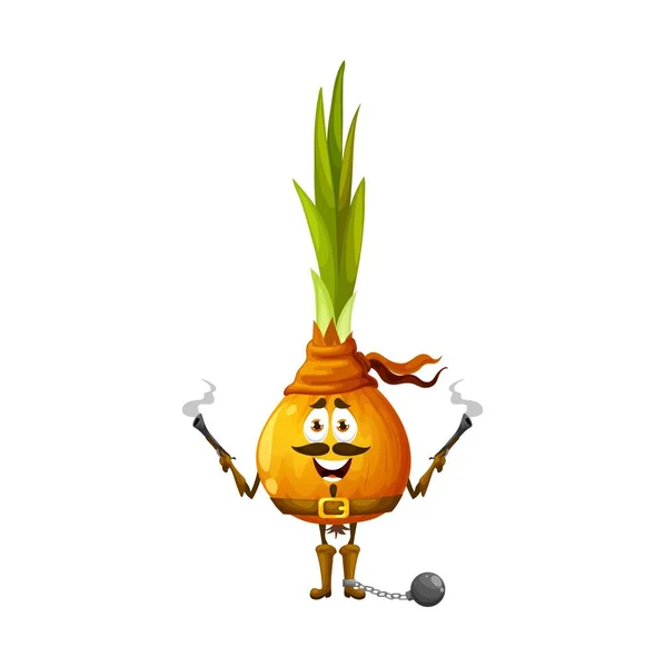 Cartoon Funny Onion Pirate Vector Corsair Vegetable Character Muskets Bob — Stockový vektor
