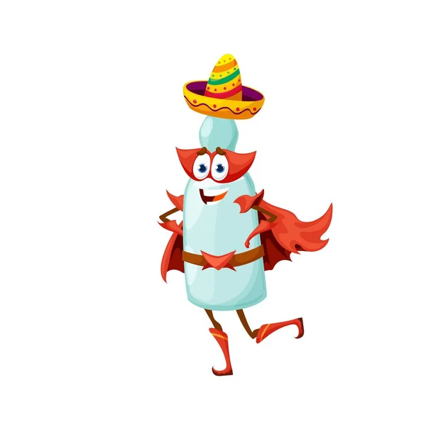Kreslený Mexická Tequila Superhrdina Charakter Izolovaná Vektorová Super Hrdinská Láhev — Stockový vektor