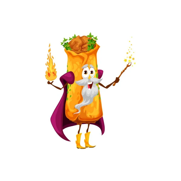 Cartoon Mexican Enchilada Magician Character Vector Tex Mex Snack Wizard — Stok Vektör