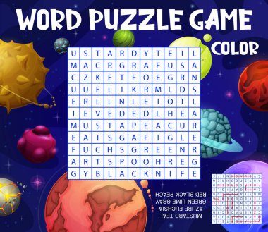 Çizgi film galaksisi uzay gezegenleri arama vektörü bulmaca çalışma tablosu. Çocuklar bilgi yarışması ya da eğitim bulmacası ne renk görev, yabancı dünya evreni renkli gezegenler ve karanlık uzay arka planındaki yıldızlar