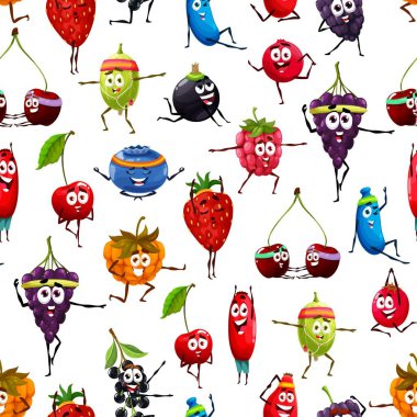 Yogadaki meyveli çizgi film karakterleri kusursuz poz veriyor. Kumaş baskısı, çilek, üzüm ve kiraz, hanımeli, inek üzümü ve ahududu eşliğinde yoga egzersizleri yapan kusursuz vektör arkaplanı.