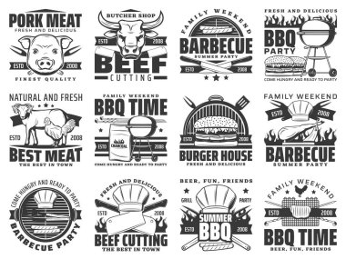 Barbekü eti, bbq ikonu vektör domuz eti, tavuk, koyun eti ve ızgara sosis. BBQ yaz partisi sembolleri hamburger, kasap şapkası, ızgara makinesinde mangal ve çatal, fast food izole tabelalar.