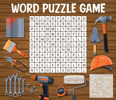 Builder tools, word search puzzle quiz game worksheet, vector riddle grid. Word search game to find words of carpentry, masonry and woodworking tools, hammer, wrench and bolts with drill