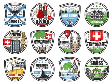 Switzerland travel and Swiss landmarks icons and tourism attraction vector emblems. Switzerland flag and map, national schwingen wrestling culture, tours and trips to Alps, Geneva banks and watches