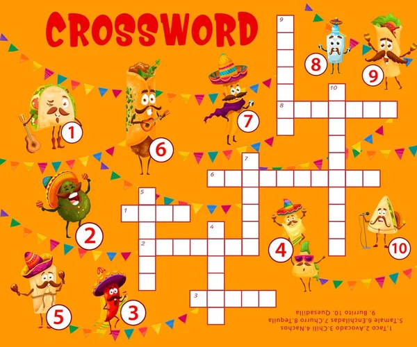 Cartoon Mexican Tex Mex Food Characters Crossword Puzzle Grid Worksheet — стоковый вектор