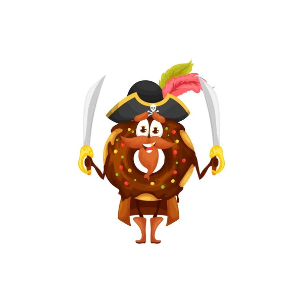 Cartoon Donut Pirate Captain Character Funny Vector Pastry Personage Sabers — Stok Vektör