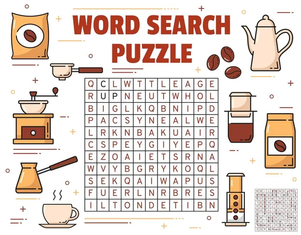 Coffee Brewing Cup Beans Word Search Puzzle Game Worksheet Children — 스톡 벡터