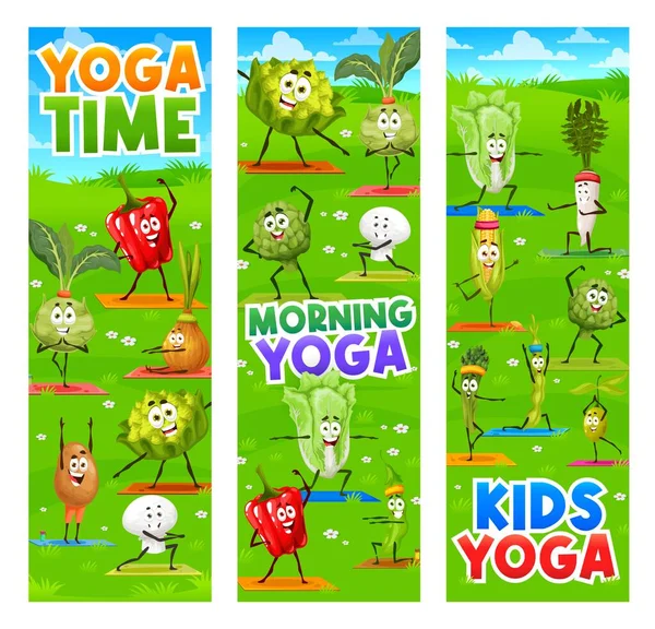Morning Kids Yoga Cheerful Cartoon Vegetables Fitness Vector Personages Bell — Stok Vektör