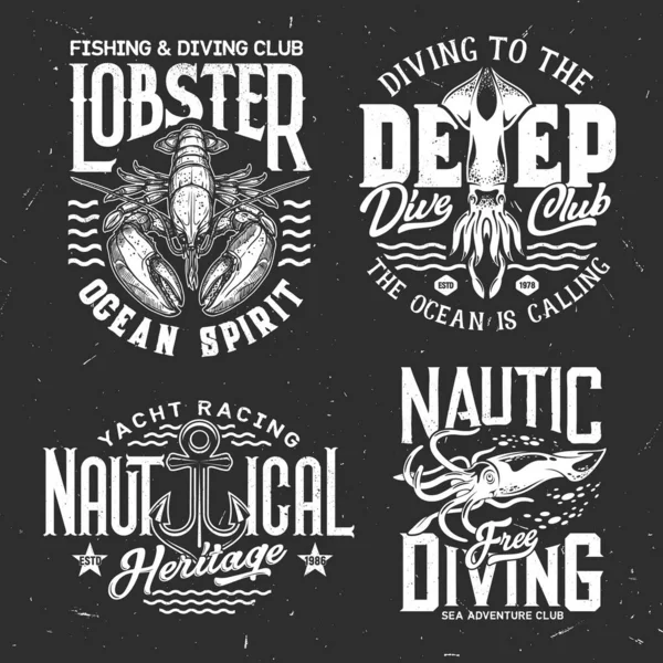 Tshirt Prints Underwater Animals Anchor Vector Mascots Nautic Diving Yachting — стоковый вектор