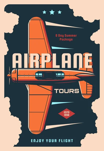 Airplane Travel Tours Vintage Poster Retro Plane Flights Old Aircraft — Stock Vector