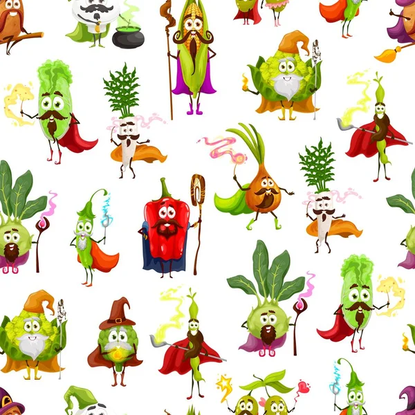 Cartoon Assistenten Und Magier Pflanzliche Charaktere Nahtlose Muster Vektorhintergrund Feengemüse — Stockvektor