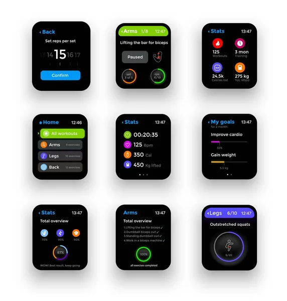 Fitness Tracker Smart Watch Display Screen Interface Vector Bracelets Smartwatches — Stockvector