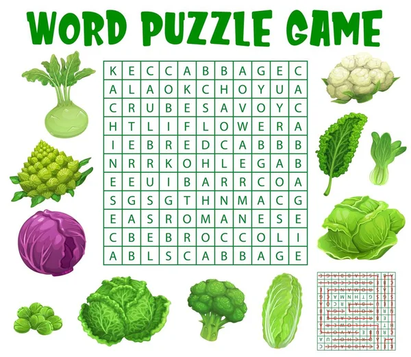 Raw Cabbage Vegetables Word Search Puzzle Game Worksheet Vector Kids — Stock vektor