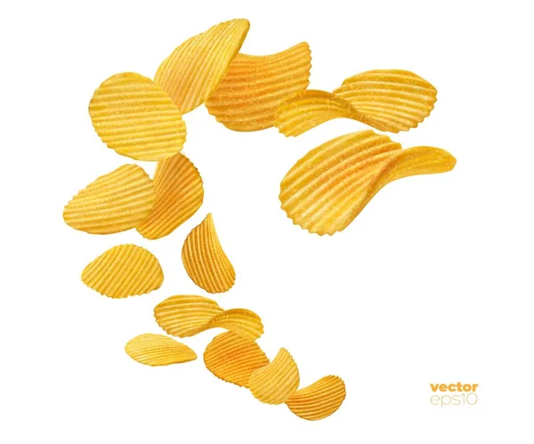 Splash Van Rimpel Aardappel Chips Vliegende Snacks Voor Voedsel Pakket — Stockvector