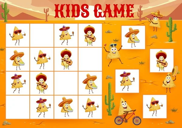 Sudoku Kids Game Worksheet Funny Cartoon Mexican Nachos Characters Logical — Archivo Imágenes Vectoriales