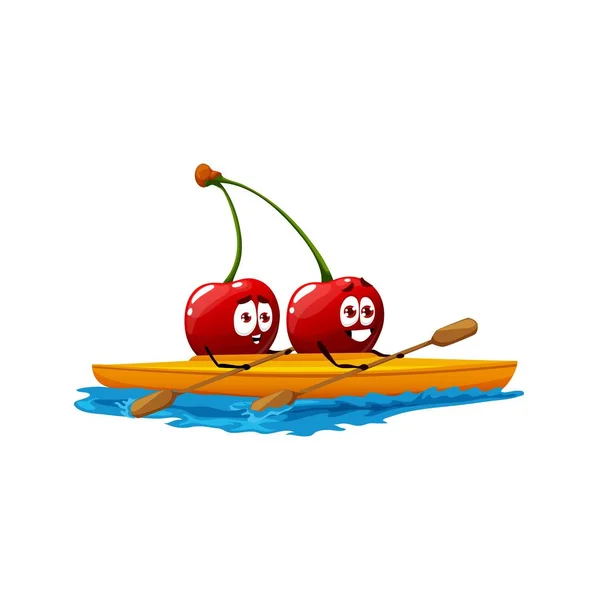 Cartoon Cherry Twins Kayak Funny Vector Berry Sportsmen Characters Kayaking — Archivo Imágenes Vectoriales