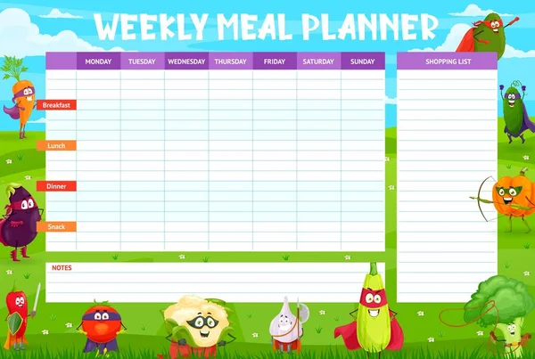 Weekly Meal Planner Schedule Cartoon Vegetables Superheroes Defenders Vector Organizer — Wektor stockowy