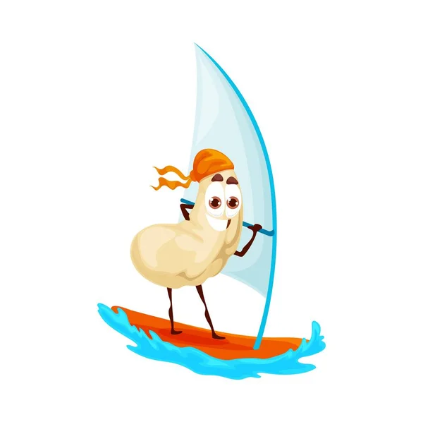 Cartoon Cashew Nut Windsurfing Sport Funny Vector Sportsman Kernel Character — Stockový vektor