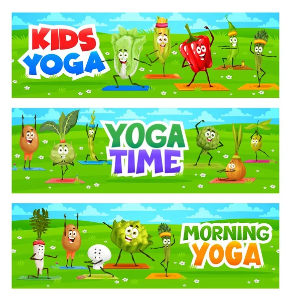 Morgens Yoga Kinder Fröhlich Cartoon Gemüse Auf Fitness Vektorbanner Mit — Stockvektor