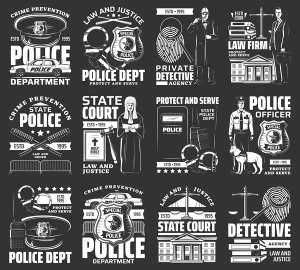 Icone Vettoriali Dell Ordine Pubblico Dipartimento Polizia Studio Legale Detective — Vettoriale Stock