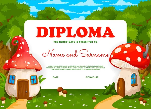 Kids Diploma Fairytale Cartoon Amanita Mushroom Houses Child Graduation Diploma — Vetor de Stock