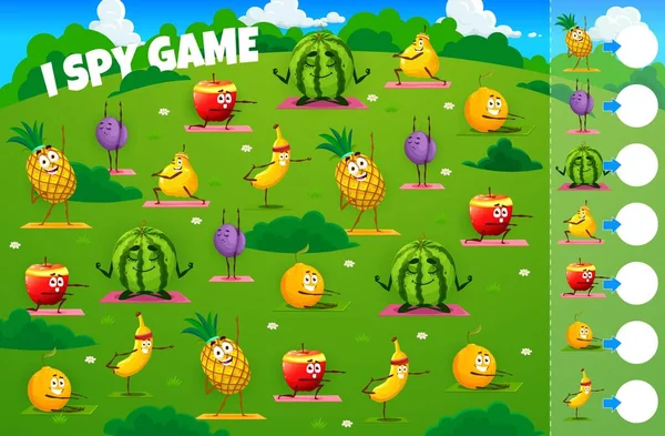 Spy Game Worksheet Cartoon Fruits Characters Yoga Vector Kids Educational — Image vectorielle