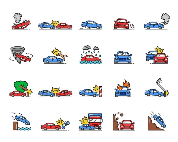 Car Crash Line Icons Damage Collision Failure Obstacle Disaster Road — Stockvector