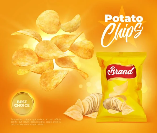 Knusprige Wellige Kartoffelchips Mit Realistischer Verpackung Vektor Promo Poster Mit — Stockvektor