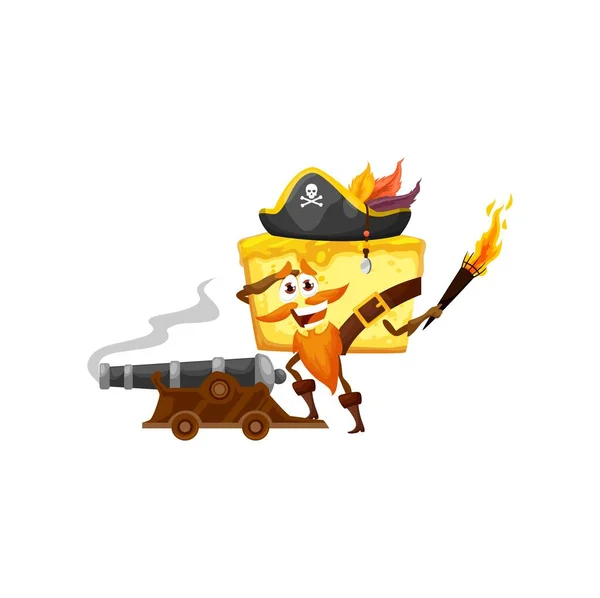 Cartoon Cheesecake Piraat Personage Met Kanon Fakkel Vector Stuk Kaastaart — Stockvector