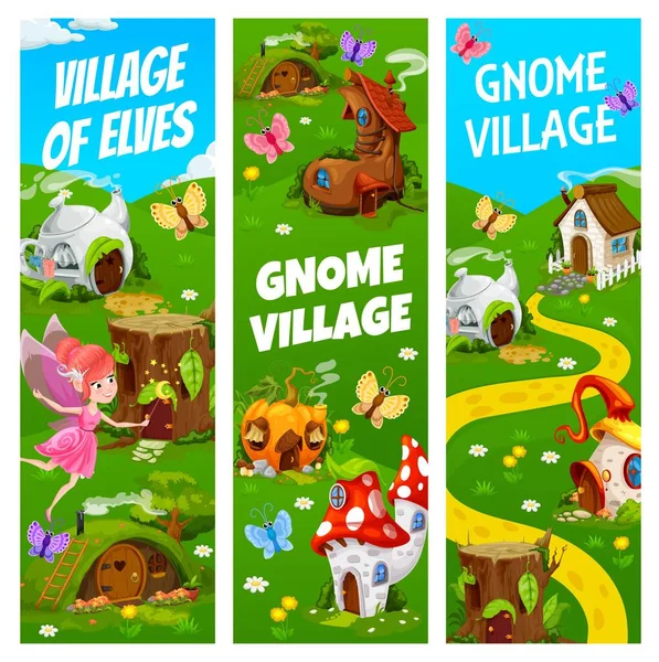 Fairy Village Gnome Elf Houses Cartoon Banners Vector Amanita Mushroom — Vector de stock