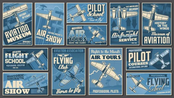 Museo Aviación Escuela Vuelo Recorridos Aéreos Pancartas Vintage Espectáculo Aviones — Vector de stock