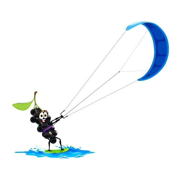 卡通鸟樱桃角色在风筝冲浪 有趣的矢量浆果运动员喜欢夏季水上风筝冲浪运动 水上体育娱乐活动 休闲活动 度假人员休息 — 图库矢量图片