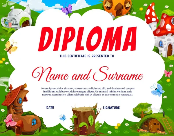 Kids Diploma Fairy Village Gnome Elf Houses Child Graduation Award —  Vetores de Stock