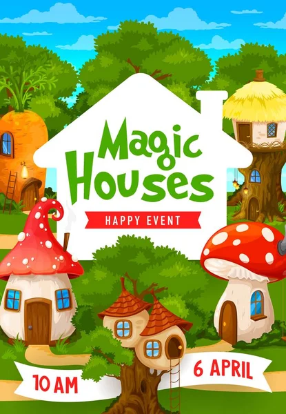 Kids Party Flyer Fairytale Cartoon Houses Dwellings Elf Gnomes Vector — 스톡 벡터