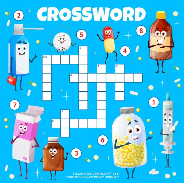 Cartoon Tablets Pills Crossword Grid Worksheet Find Word Quiz Game — Stockvektor