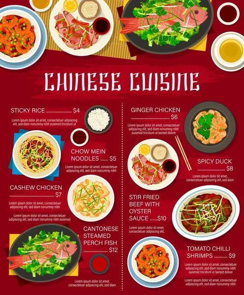 Chinese Cuisine Restaurant Vector Menu Rice Vegetables Meat Seafood Dishes — Stock vektor