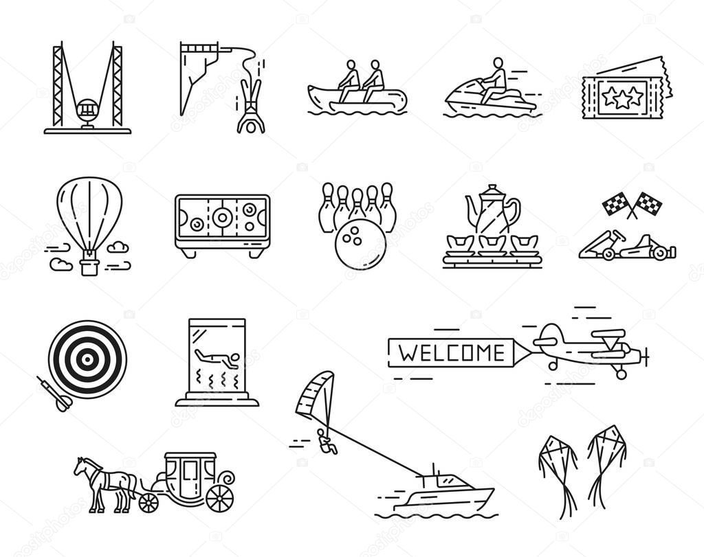 Amusement park, playground and funfair, extreme activity, carousel outline icons. Vector entertainment attractions, isolated hot air balloon, fun fair tickets, horse carriage, kites and boat parachute