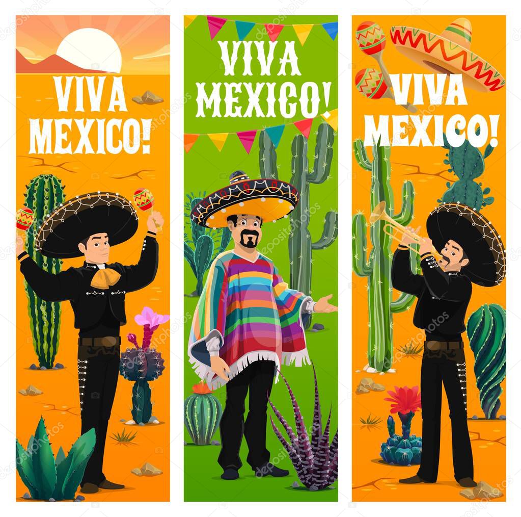 Viva Mexico banners, Mexican Mariachi band in desert with cactuses. Vector men musicians characters in sombrero and national costumes playing trumpet and maracas. Latin fiesta holidays greeting cards