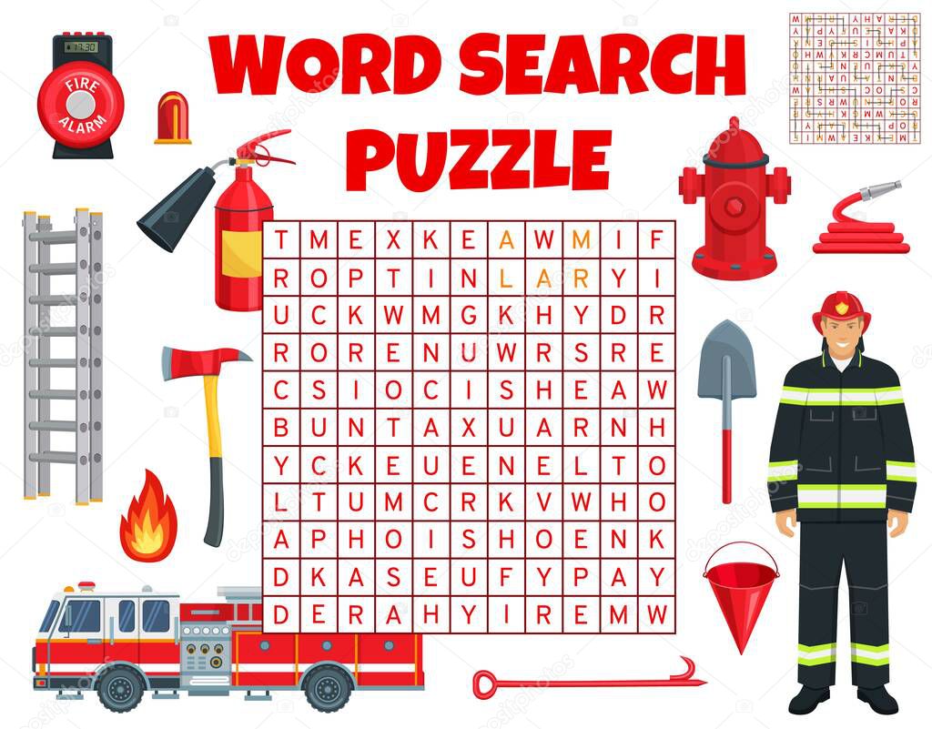 Firefighter and firefighting equipment on word search puzzle game worksheet. Kids quiz grid, text puzzle or kindergarten child vector logical game with word find task and fire truck, firefighter tools