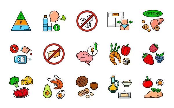 Keto Ketogenic Diet Nutrition Icons Low Carb High Fat Protein — Stock Vector