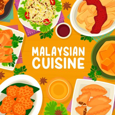 Malezya mutfağı menüsü vektör bifteği ve karides erişte çorbasını, tofu pudingini ve nasi lemak pilavını kapsar. Mantarlı haşlanmış fasulye kaymağı, muz yaprağı pilav... Malezya 'nın tarık yemekleri, Asya yemekleri.