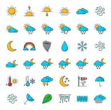 Hava tahmini renk ana hatları simgeleri. Meteoroloji, sıcaklık, iklim ve UV vektör piktogramları. İzole bulutlar, güneş, yağmur, kar ve rüzgar, fırtına, ay, kar tanesi, yıldırım, sis ve şemsiye