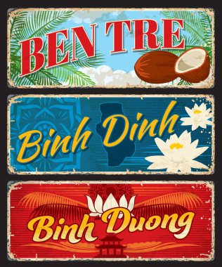 Ben Tre, Binh Dinh and Binh Duong, Vietnamese travel stickers and vector plates. Vietnam regions and provinces tin signs or metal plates with landmarks and national symbol of sea, coconut and flower