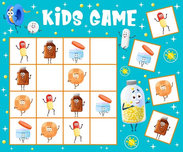 Sudoku Kids Game Worksheet Cartoon Syrup Adhesive Plaster Ointment Pill — Archivo Imágenes Vectoriales